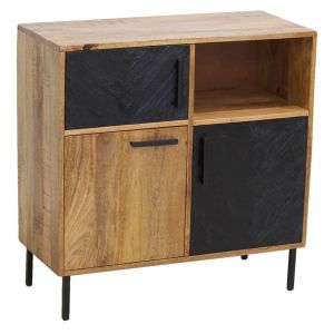 Image de Aubry Gaspard Commode en manguier naturel et teinté noir Damier 3 portes + 1 niche de rangement