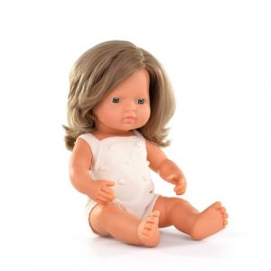 Miniland Baby Poupée Blonde caucasienne, 38cm, Faite à la Main, avec Parfum. Poupées inclusives. Diversité. Colourful Edition.