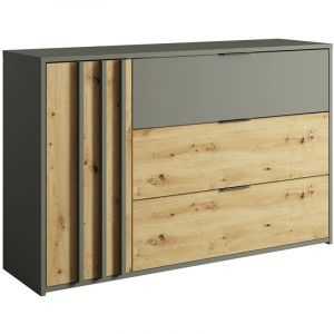 Meublorama - Commode design 3 tiroirs et 1 porte. Collection izo coloris gris anthracite et ch&ecirc;ne clair.