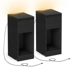 Lot de 2 table de chevet &eacute;troite 1 port usb-a 1 port usb-c noir bois&eacute;