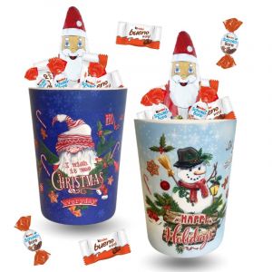 Lot de 2 verres mélaminés de Noël garnis de 20 chocolats: Kinder & Moulage Père Noël | Idéal pour décorer la table des petits
