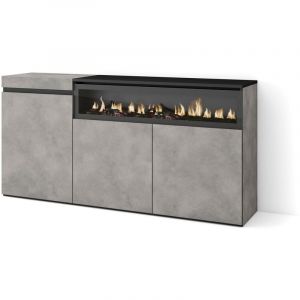Buffet salon et cuisine, Meuble de Rangement, Commode, 150x75x35cm, 3 Portes, Cheminée électrique, Style moderne, Gris Ciment - Skraut Home