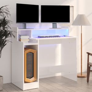 VidaXL Bureau lumières LED Blanc brillant 97x45x90cm Bois d'ingénierie