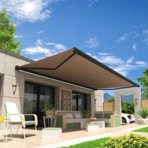 Intersun Store banne coffre ONYX 5,00x3,50 M (Motorisé Secours à Télécommande + LED - Gris Anthracite - Taupe)