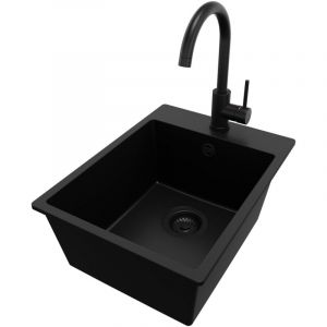 Primagran - Evier Cuisine en Granit Tout Noir 38x50cm, Lavabo 1 bac + Kit de Vidage + Robinet, Évier à Encastrer au meuble 40cm - Riga de