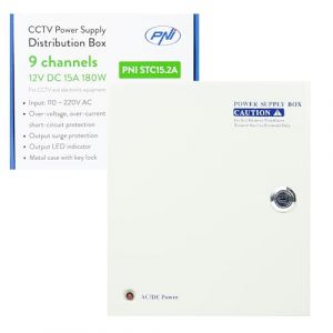 Bloc d'alimentation CCTV PNI STC15.2A dans boîte métallique, 12 V, 15 A, 180 W, 9 Sorties