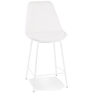 Tabouret snack mi-hauteur 'LEONIE MINI' en tissu bouloché blanc et pied en métal blanc
