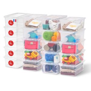Iris Ohyama Petite Boite de Rangement Multi-Usages, 5L, Lot de 20, Transparent, Fermeture Facile, Empilable, en Plastique Transparent, pour V&ecirc;tement,Etag&egrave;res, Jouet, Papeterie, Chaussures, CNL-5