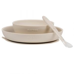 Nattou Vaisselle en Silicone pour Enfants, Set Repas 3 Pièces, 1 Cuillère, 1 Assiette, 1 Bol, Antidérapants, sans BPA, Vegan, Silicone, Argile