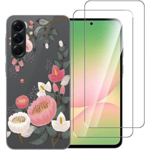 Novago Pour Samsung Galaxy A56 5G - Coque R&eacute;sistante Transparente avec Motif Grosse Fleur + 2 Films Protection &eacute;cran Verre tremp&eacute;