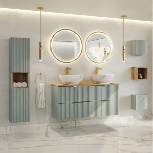 Ensemble meuble double vasque 120cm 4 tiroirs miroirs LED colonne et 3 armoires murales Jade Vert et Bois