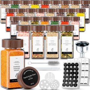 Organess 42 pots &agrave; &eacute;pices carr&eacute;s en verre avec couvercle en acacia - 3 types de couvercles &agrave; saupoudrer - Spice Spreader - pots &agrave; &eacute;pices - Set complet avec stickers &agrave; &eacute;pices, stick &agrave; craie et accessoires - 120ml
