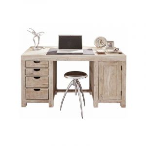 Massivmoebel24 - Bureau 150x75 Acacia blanchi Blanc nature white 70 - beige