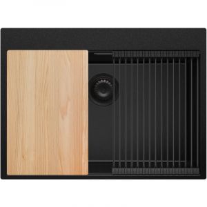 Primagran - vier Cusine en Granit 68x50 cm, Lavabo Cuisine 1 Bac + Kit de Vidage, Évier au meuble 70cm, Évier à Encastrer de Tout Noir