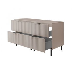 Furnidea - Meuble sous double vasque avec plan sur pieds FLOW cachemire 120 cm - 4 tiroirs - fa&ccedil;ades rainur&eacute;es