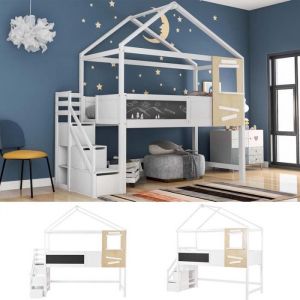 Image de Lit mezzanine cabane 90x200cm avec escalier de rangement(3 tiroirs) en bois massif - Blanc