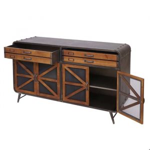 Décoshop26 Buffet quatre compartiments de rangement avec porte design industriel bois de sapin et métal 80x126x38 cm marron-noir 040005985
