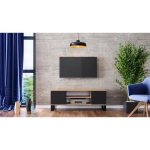 FOCUS Meuble TV 2 portes D&eacute;cor c ne wotan et noir L 155 x P 40 x H 49 cm