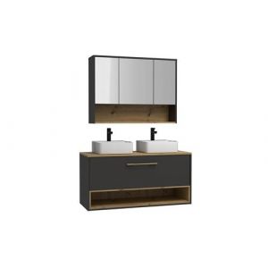 Meuble de salle de bain suspendu anthracite avec double vasque et armoire de toilette 120 cm YANGRA Naturel clair