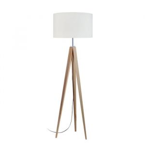 Image de Tosel Lampadaire trépied en bois avec abat jour cylindre en coton hauteur 163cm Idun Blanc