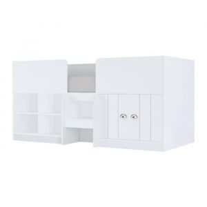 Vente-unique - Lit mi-hauteur 90 x 190 cm avec rangements - Coloris : Blanc - boutanio