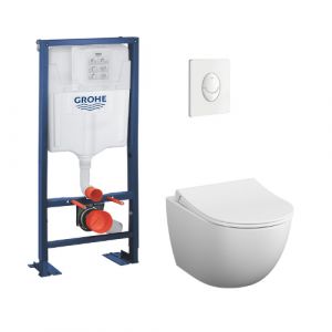 vitra Wc suspendu avec Abattant frein de chute + Bati support Grohe et Plaque de commande, plaque blanche, edelweiss