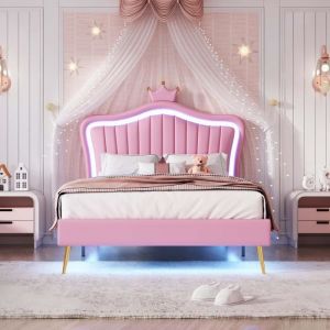 ModernLuxe Lit enfant 90x200cm avec LED, t&ecirc;te de lit r&eacute;glable, sommier &agrave; lattes, tissu en PU, rose