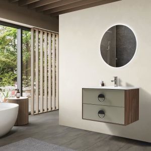 LuxuryBain - Meuble de salle de bain simple vasque 80cm bois et vert avec miroir led