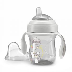 Chicco Transition Cup Coupe anti-goutte pour bébé 200ml, 1 tasse à biberon 4 mois et plus pour apprendre à boire, avec bec ergonomique en silicone, double valve anti-antiolique, sans BPA - Gris