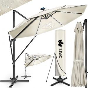 Tillvex Parasol haut de gamme en aluminium beige 330 cm + housse et pare-vent Parasol déporté 6 positions avec manivelle Parasol de jardin pivotant