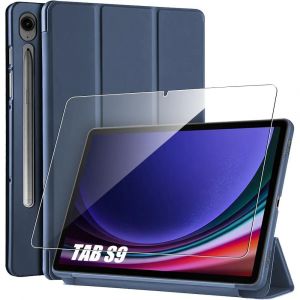 Coque + Verre Tremp&eacute; pour Samsung Galaxy Tab S9 (11 Pouces) Protection Anti-Rayures Support Veille-R&eacute;veil Auto - Bleu Marine - BOOLING