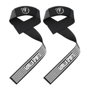 Gorilla Sports Sangle de Tirage Musculation - Lot de 2, 56x4 cm, Antidérapant, en Silicone, Rembourré, Noir - Bande Poignet Musculation, Lifting Straps, Accessoire Sport Fitness, Muscle Poignet