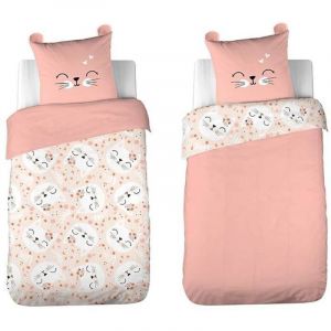 Cot&eacute; D&eacute;co Parure de lit Chat 140x200 cm&ndash; Housse de Couette Rose + 1 Taie d&rsquo;Oreiller avec Oreilles Matelass&eacute;es &ndash; Parure R&eacute;versible Microfibre