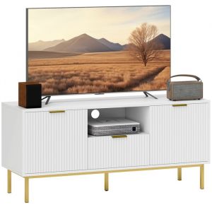 Homcom Meuble TV - 2 portes &agrave; fermeture douce, tiroir et compartiment ouvert - panneau de particules et MDF - 120x39x54cm - blanc