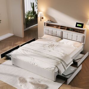 Modernluxe - Lit adulte rembourré avec 4 tiroirs et port de charge usb - tissu en lin - 160x200 cm - Beige