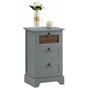 Image de Idimex Chiffonnier RAJA avec 3 tiroirs, en bois de paulownia lasuré gris et rotin