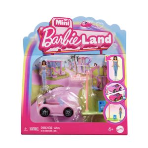 Mattel Coffret Décapotable Mini Land comprenant une poupée de 3,8 cm, une voiture décapotable qui change de couleur et un panneau de rue, HYF42