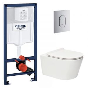 Grohe Pack Rapid sl+ plaque arena chrome+ Fixations murales + set d'isolation phonique + WC suspendu sans bride (ArenaBrevis)