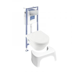 Villeroy & Boch Pack WC sans bride Architectura abattant + bâti-support sol et mur + plaque chromée mat + Tabouret blanc