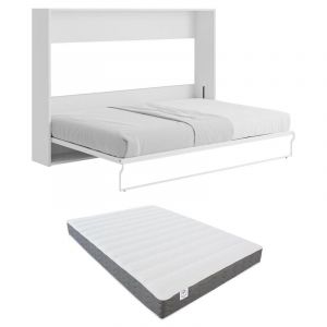 Lit escamotable 140 x 200 cm - Ouverture horizontale manuelle - Blanc et gris + matelas - MALINA II