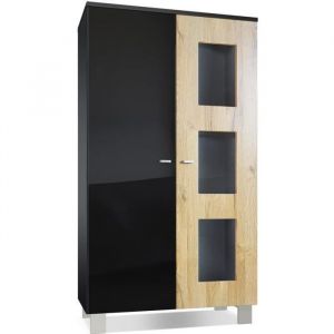 Image de Vitrine Armoire haute Commode Denjo en Noir mat - haute brillance - Porte en Chêne Nature sans éclairage led - Porte en Chêne Nature sans éclairage