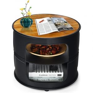 Table Basse Ronde à 3 Niveaux, Table en Forme de Tonneau, Table d'Appoint en Métal et Bois, Table de Chevet, Bout de Canapé Décoration pour Salon,