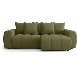 Canap&eacute; d'angle convertible r&eacute;versible 4 places avec coffre de rangement en tissu chenille vert olive - Rivoli