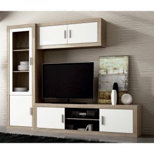 Ensemble de salon, meuble TV + meuble haut + vitrine coloris chene cambrian, blanc -PEGANE-