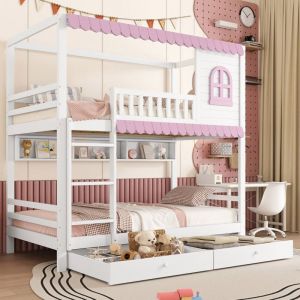 Lit superposé 90x200cm, lit enfant avec 2 tiroirs, compartiments de rangement ouverts, lit cabane, pin + mdf, sans matelas, blanc + rose