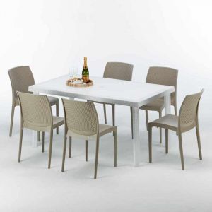 Grand Soleil Table rectangulaire et 6 chaises color&eacute;es Poly rotin resin&eacute; 150x90 blanc | Boheme Beige Juta