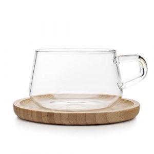 Image de Viva scandinavia Tasse à thé 250 ml, tasse à café en verre borosilicate, design moderne, soucoupe en bambou