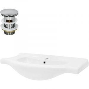 Lavabo Encastré en Céramique, 860 x 215 x 515 mm, Blanc Brillant, avec Bonde de Vidange en Laiton Chromé, Vasque Lave-Mains Évier à Encastrer avec