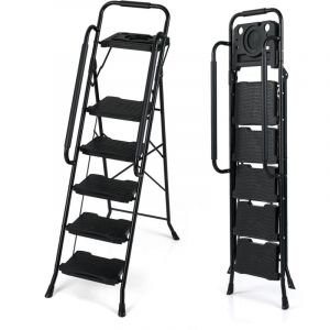 Escabeau Métallique 5 Marches avec Plateau Porte-outils, Pédales Antidérapantes, Patins, Main Courante, Échelle Pliante Portable Multifonction