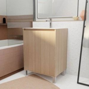 Image de Aurlane Pack Meuble Salle de Bains 60 cm Chêne Clair, 2 portes avec Vasque Céramique - XENOS